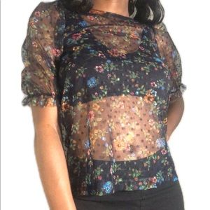 Black Sheer Crew Neck Floral Top